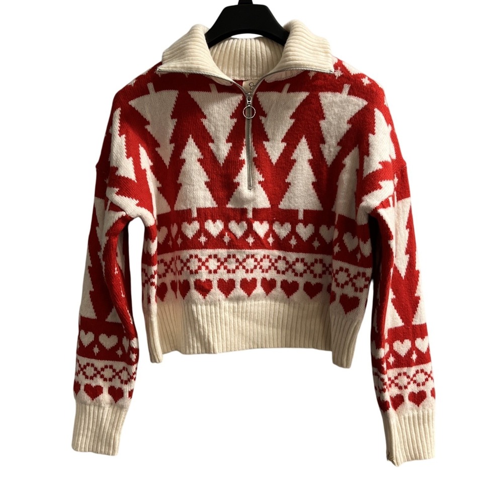 Jessica Simpson Sweater L Red Christmas Tree Print Mock‎ Knit 1/4 Zip Pullover